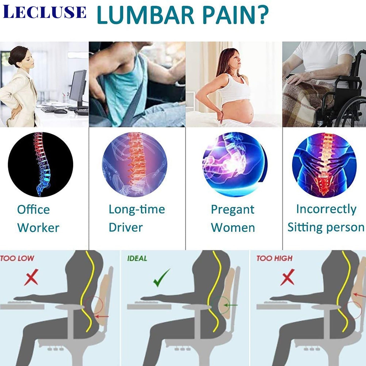 Lecluse Lumbar Support Pillow Car Memory Foam Back Posture Cushion Pain Relief