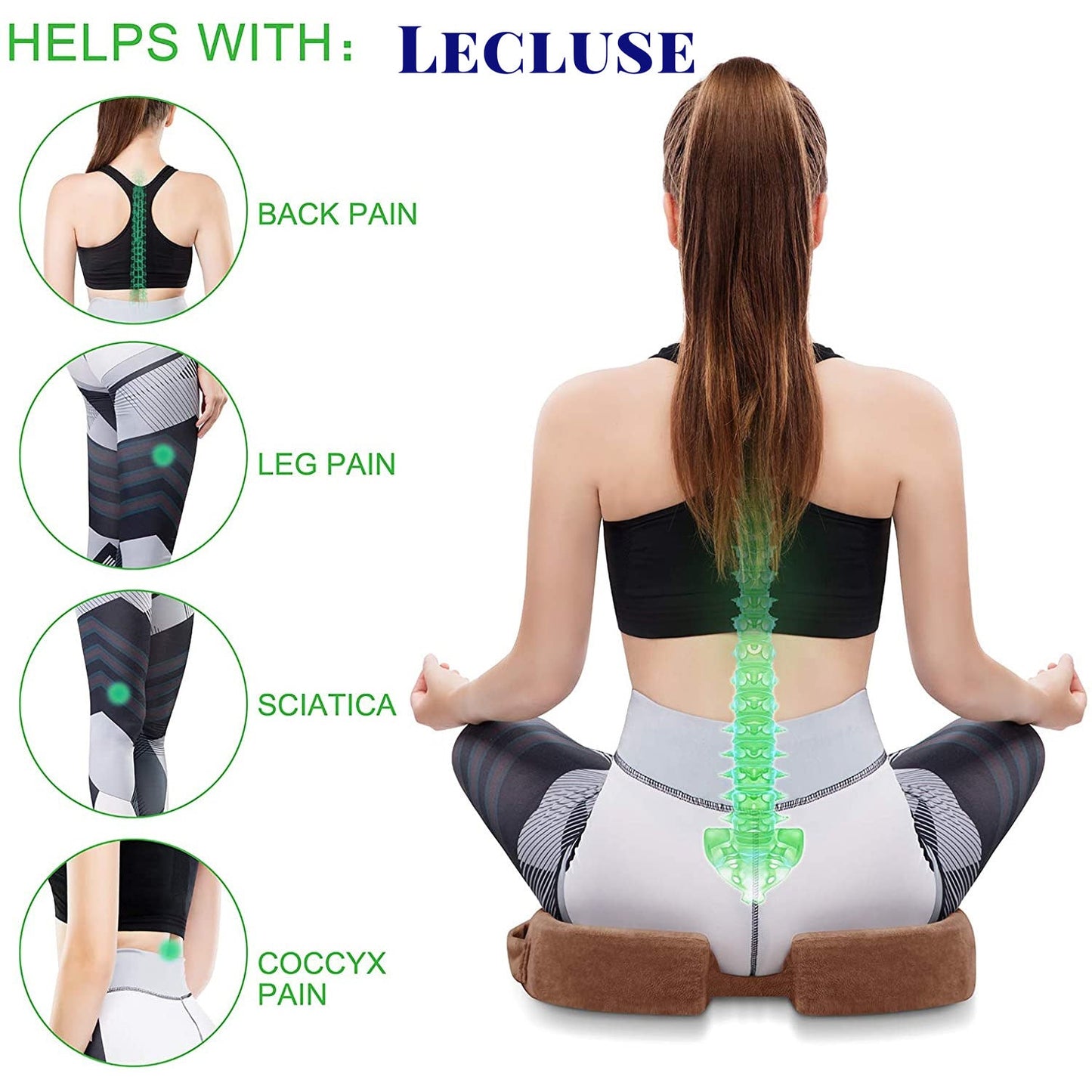 Lecluse 2Pcs Orthopedic Cushion Set Lumbar Support Pillow Memory Foam Chair Pad