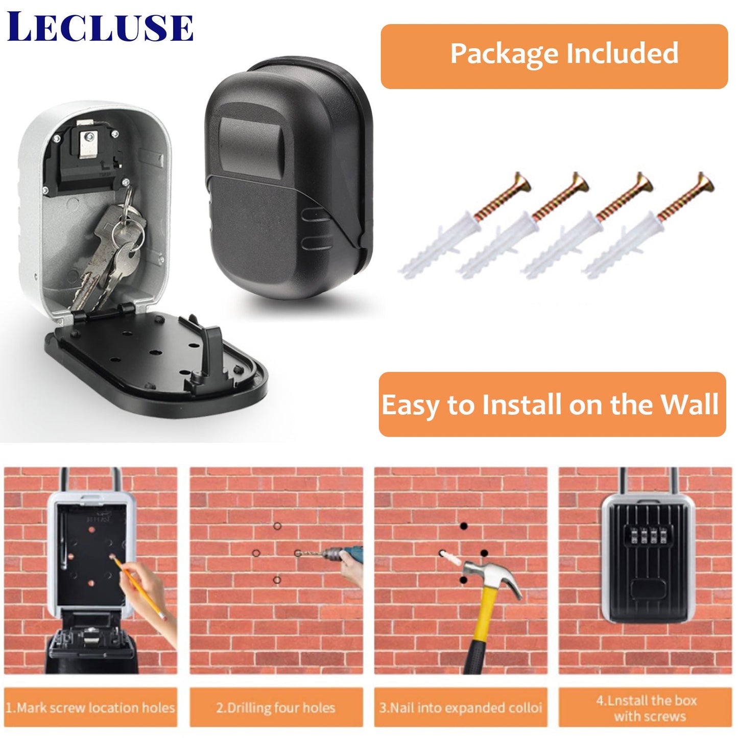 Lecluse Key Lock Box Storage Case Wall Mounted 4 Digit Password Security Hider