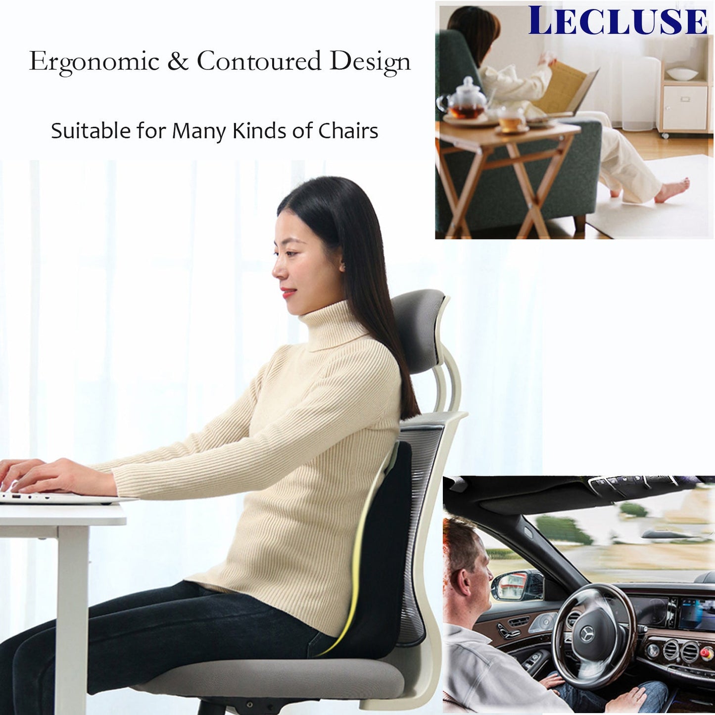 Lecluse Lumbar Support Pillow Car Memory Foam Back Posture Cushion Pain Relief