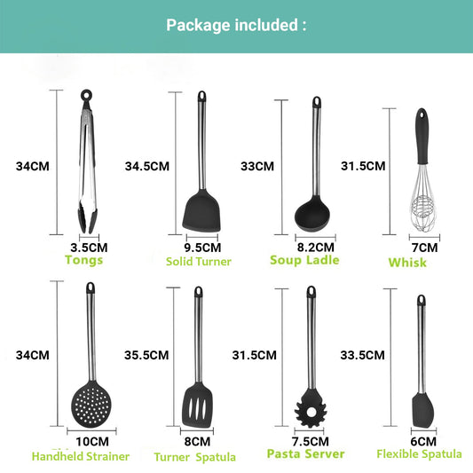 Lecluse Kitchen Utensil Set Silicone Non-Stick Cooking Stainless Steel 8Pcs