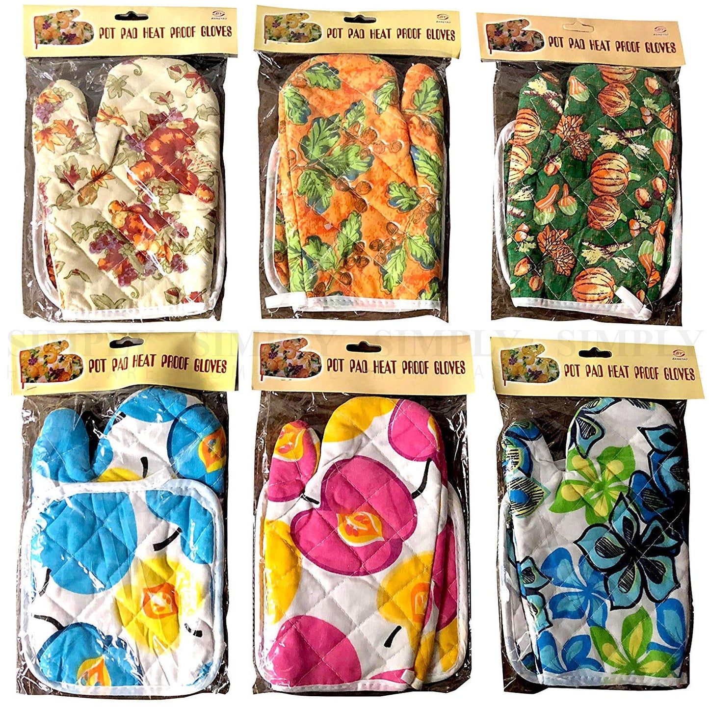 Oven Mitts Gloves Pot Holder Set Heat Proof Resistant BBQ Cooking Double Cotton - Simply Homeware