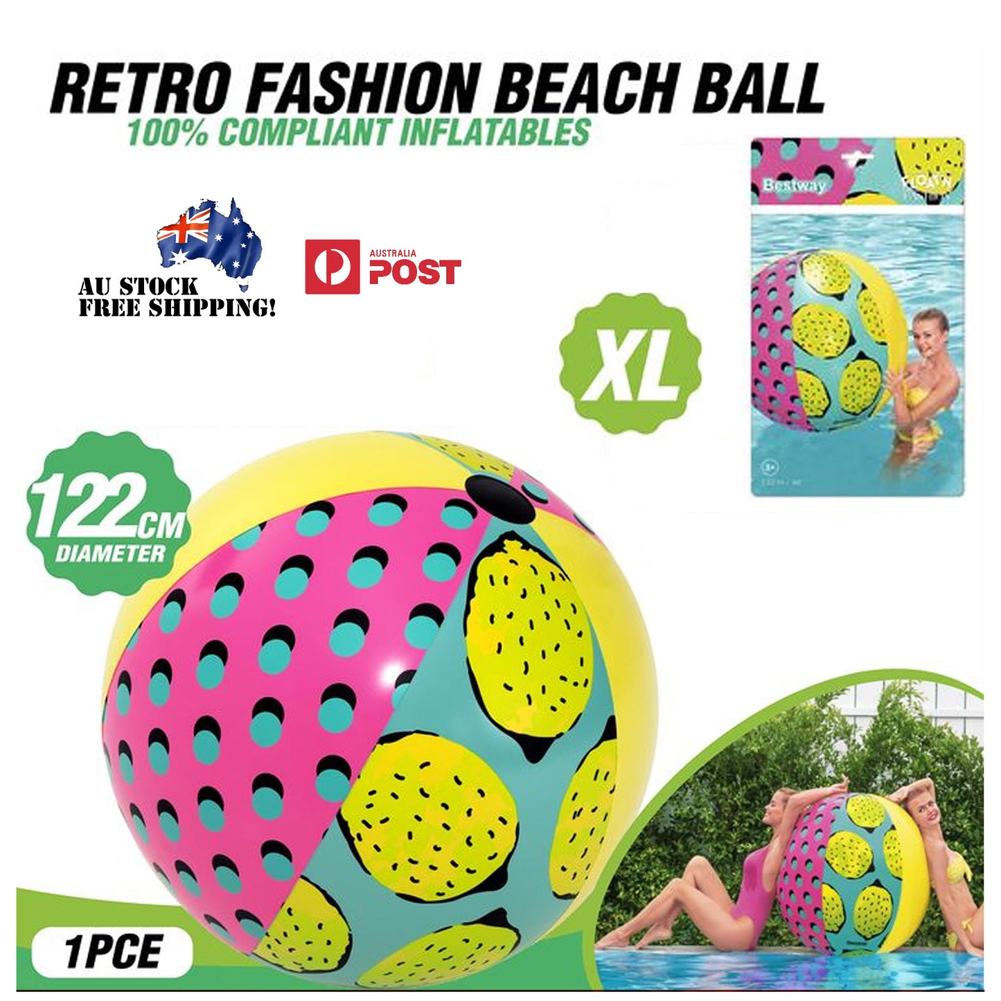 Summer Beach Ball Inflatable Bestway Fashion Retro Fruit Colourful 3D 122cm