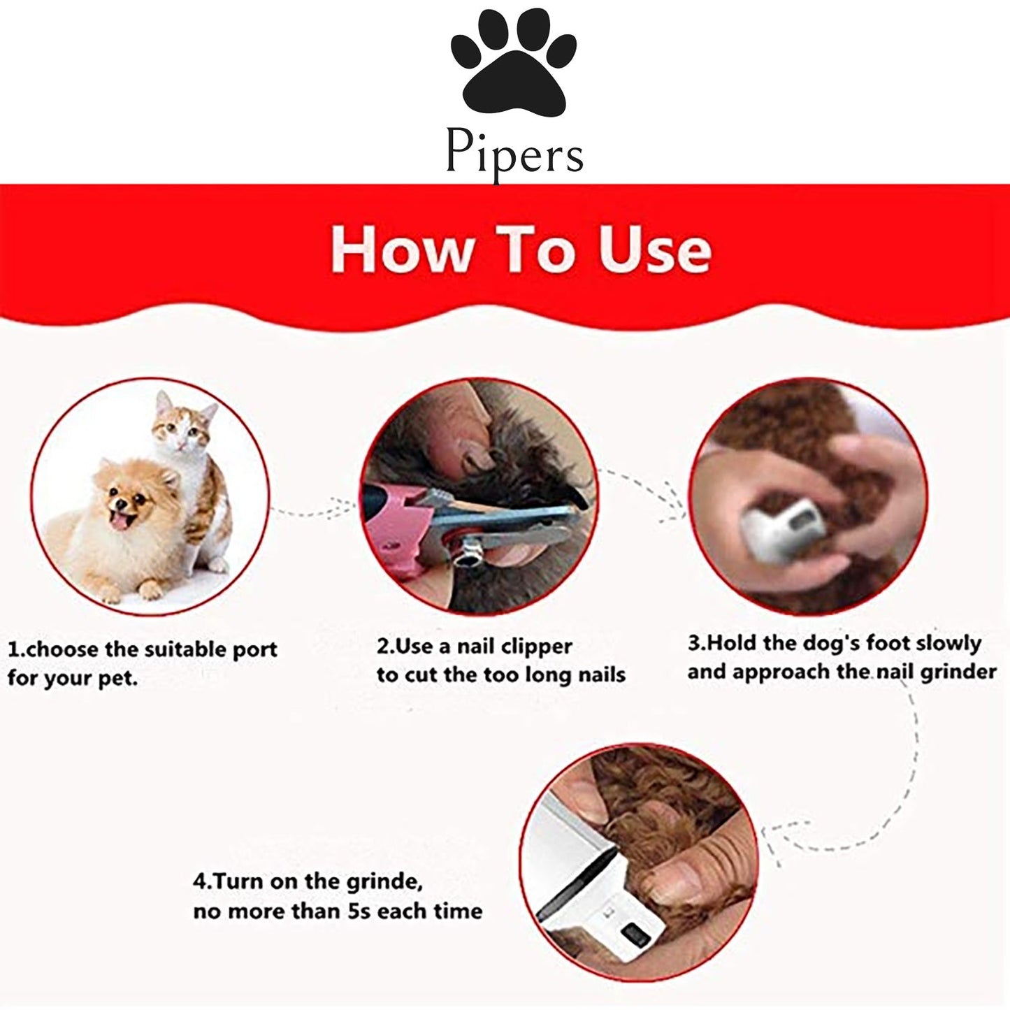 Pipers Pet Electric Nail Grinder Dog Cat Tool Claw Toe Grooming Trimmer Clipper