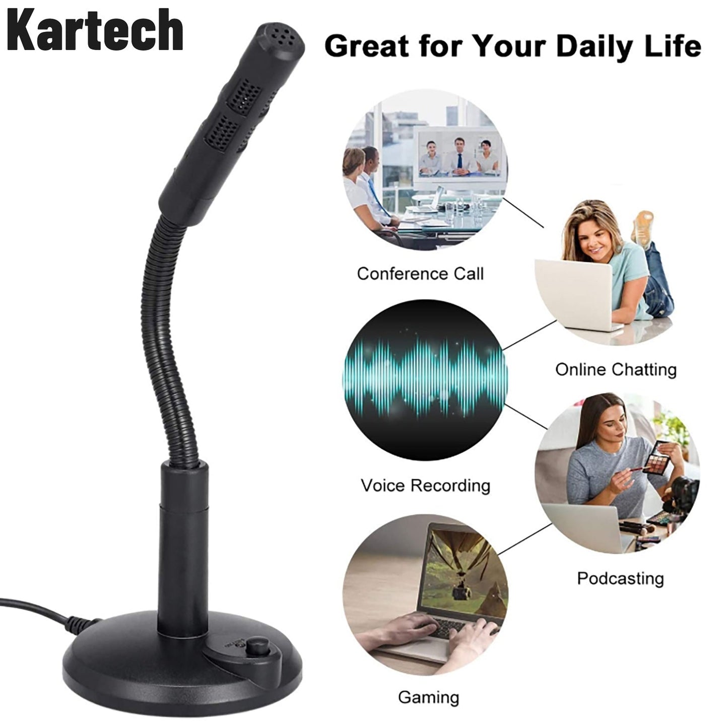 Kartech Desktop Microphone USB 3.5mm Mini Laptop Mic Plug Play Computer PC MAC