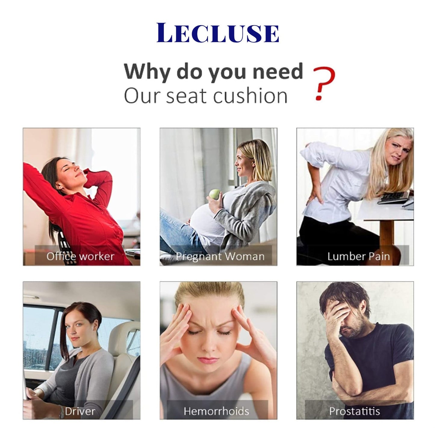 Lecluse 2Pcs Orthopedic Cushion Set Lumbar Support Pillow Memory Foam Chair Pad