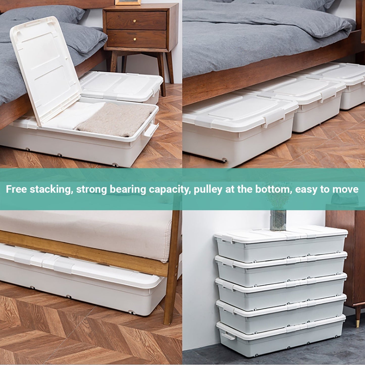 Lecluse Bed Bottom Storage Box Under-Bed Case Container Organizer Pully Wheel PP