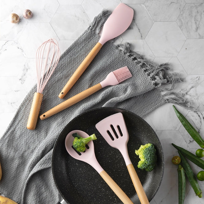 Set of 12 Silicone Utensils Set Wooden Cooking Kitchen Baking Cookware BPA Free