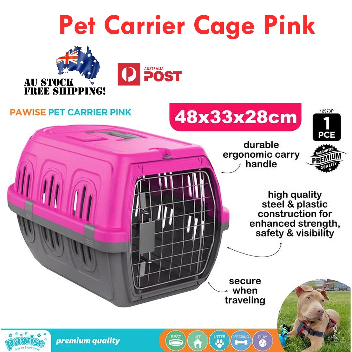 Pet Carrier Cage Crate Handle Hard Durable Door Steel Plastic Premium 48x33x28cm