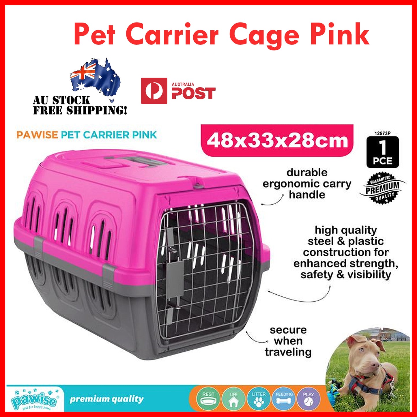 Pet Carrier Cage Crate Handle Hard Durable Door Steel Plastic Premium 48x33x28cm