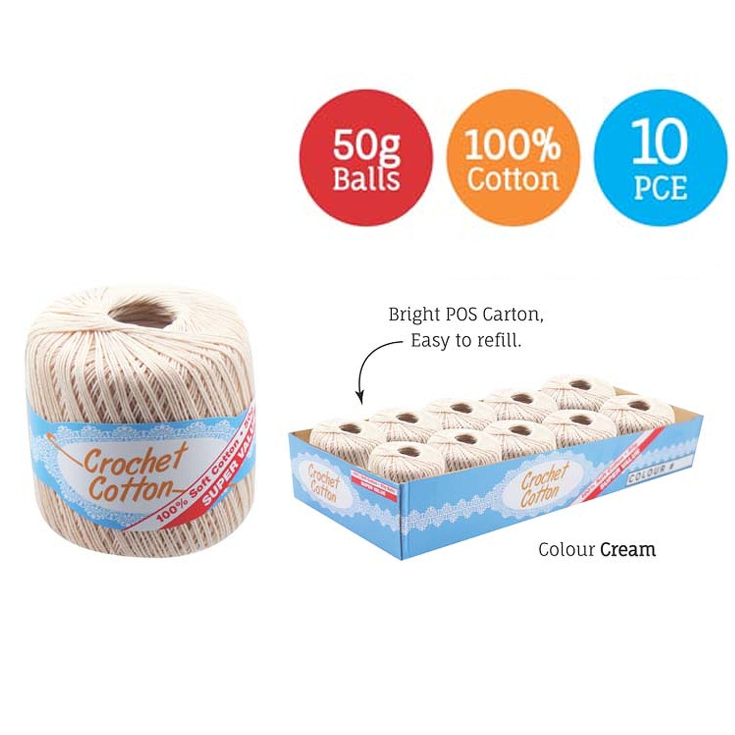 Cotton Crotchet 100% Boll Ball 50g Soft Bulk Coloured Size C Needle 3.25mm