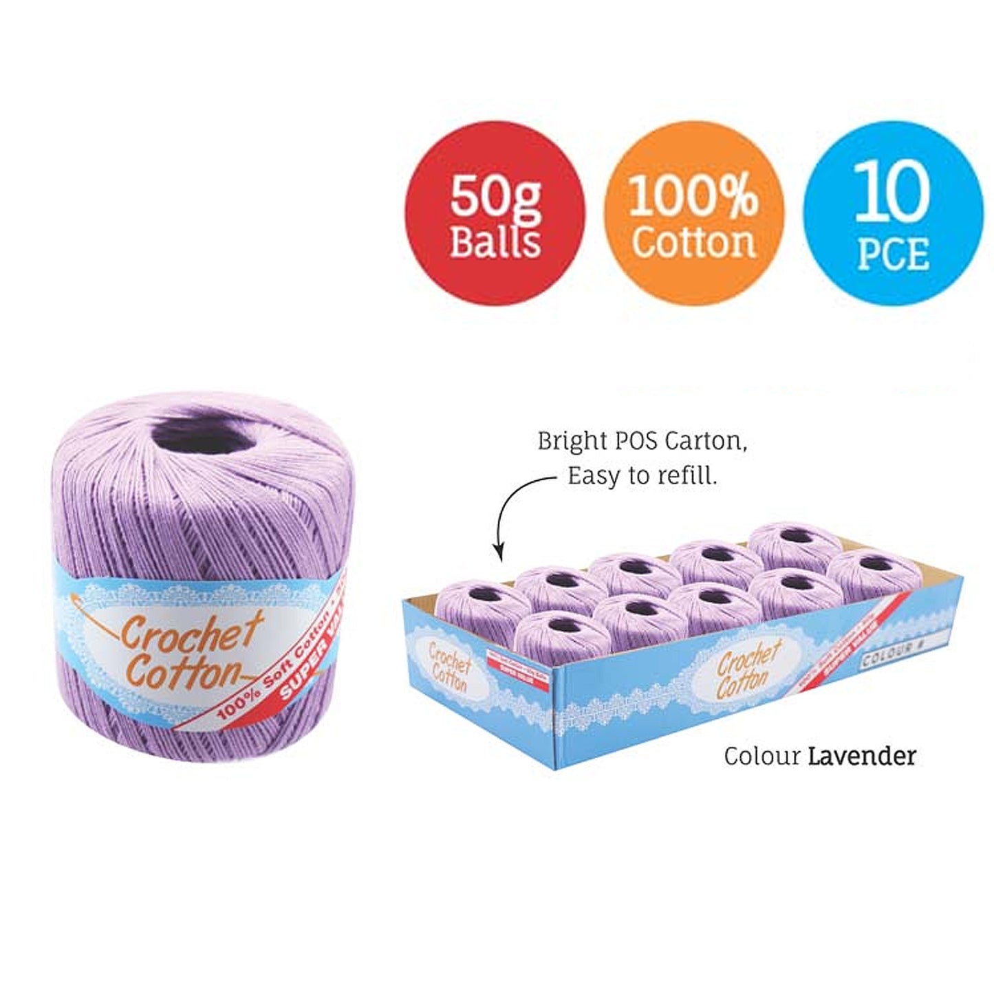 Cotton Crotchet 100% Boll Ball 50g Soft Bulk Coloured Size C Needle 3.25mm