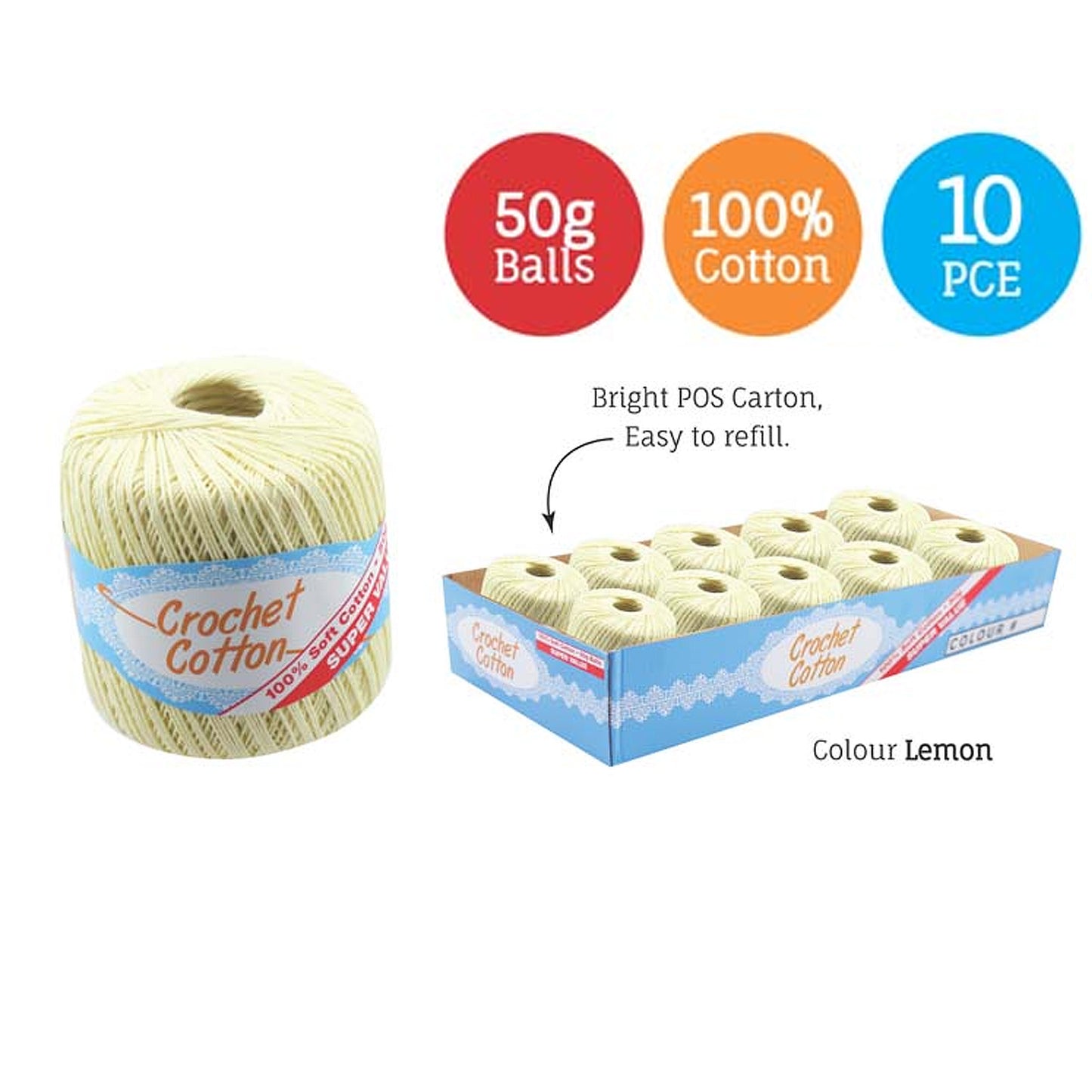 Cotton Crotchet 100% Boll Ball 50g Soft Bulk Coloured Size C Needle 3.25mm