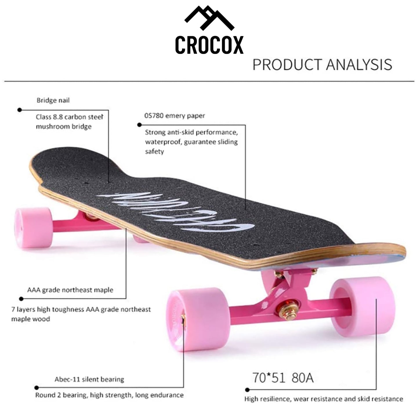 Crocox Adult Longboard Skateboard Complete Youth Beginner Maple Deck Outdoor