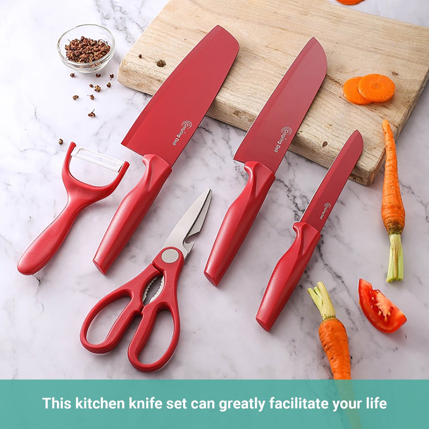 Lecluse Kitchen Knife Set Chef 5Pcs Block Cooking Cutting Peeler Scissors