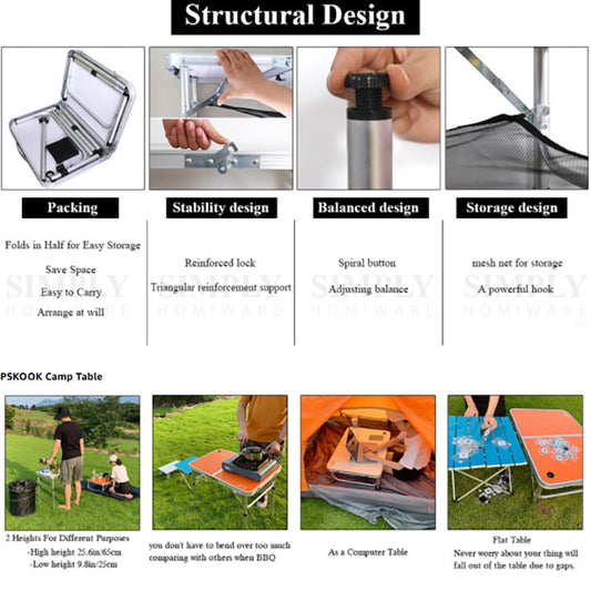 Crocox Aluminum Alloy Folding Table Camping Portable Handle Adjustable Aluminum