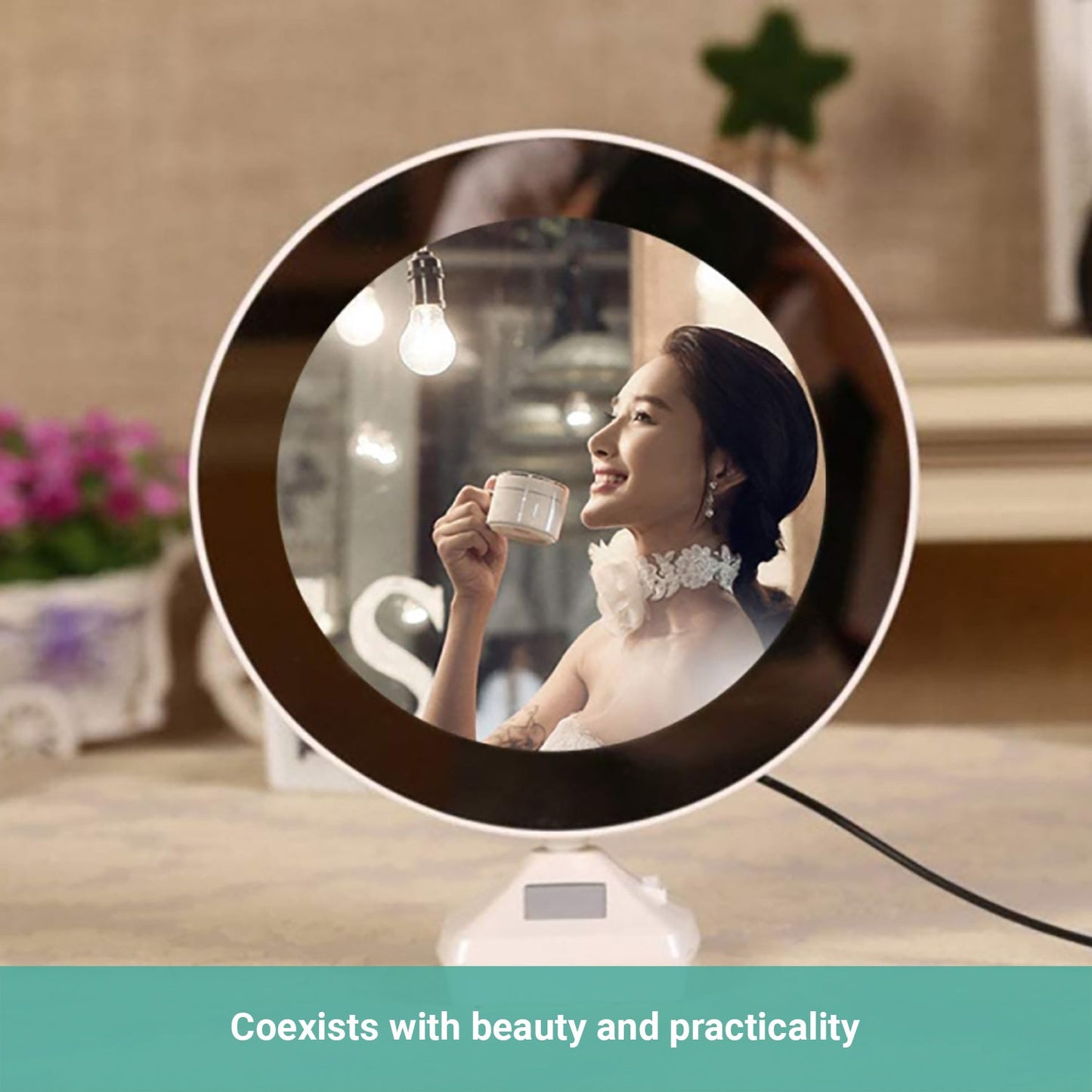 Lecluse LED Photo Frame Magic Mirror Round Makeup Light Home Decor Portable