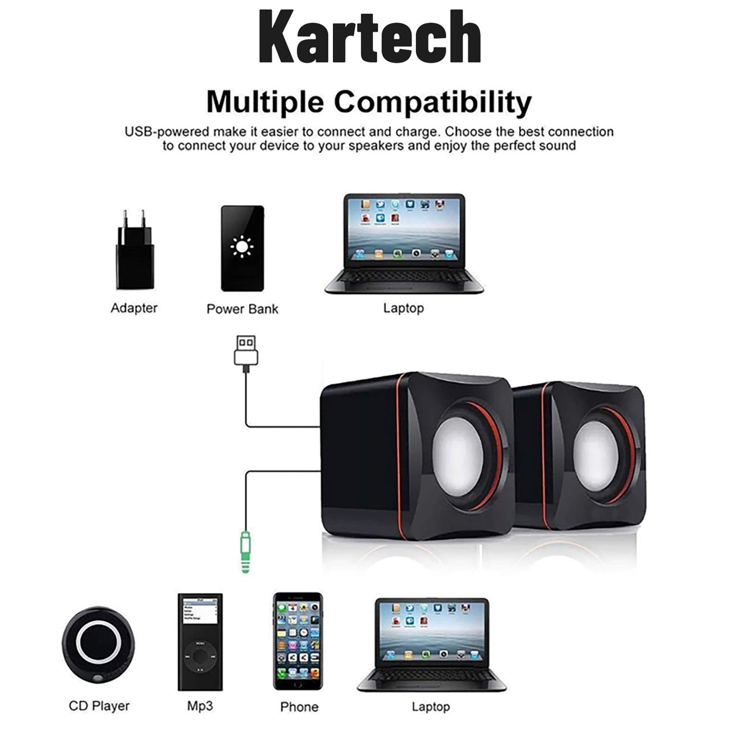 2x Kartech Mini Computer Speakers USB 2.0 Multimedia Music Stereo Desktop Sound
