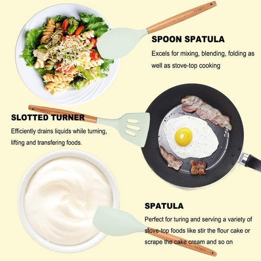 Set of 12 Silicone Utensils Set Wooden Cooking Kitchen Baking Cookware BPA Free