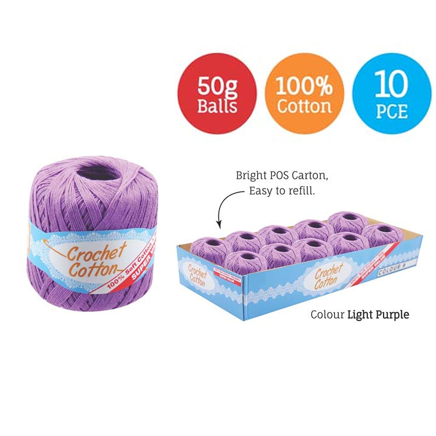 Cotton Crotchet 100% Boll Ball 50g Soft Bulk Coloured Size C Needle 3.25mm