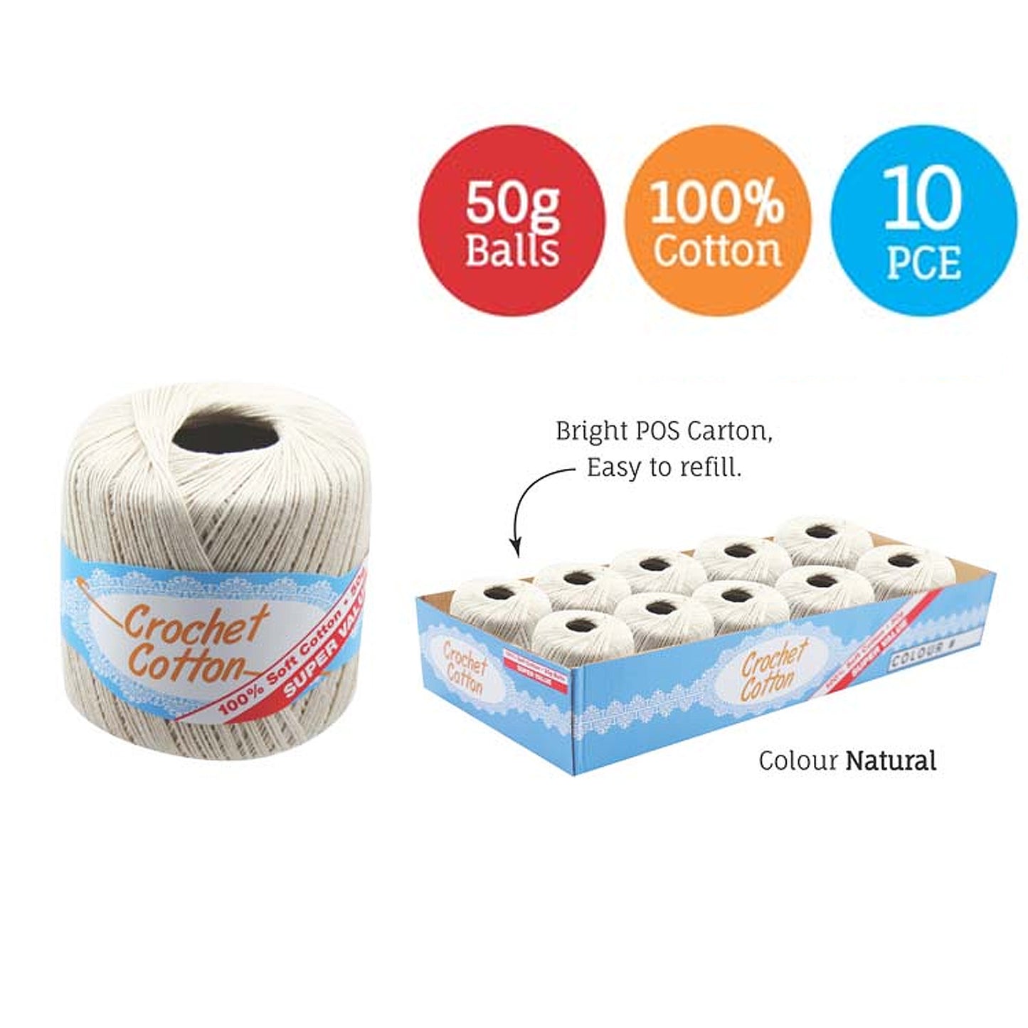 Cotton Crotchet 100% Boll Ball 50g Soft Bulk Coloured Size C Needle 3.25mm