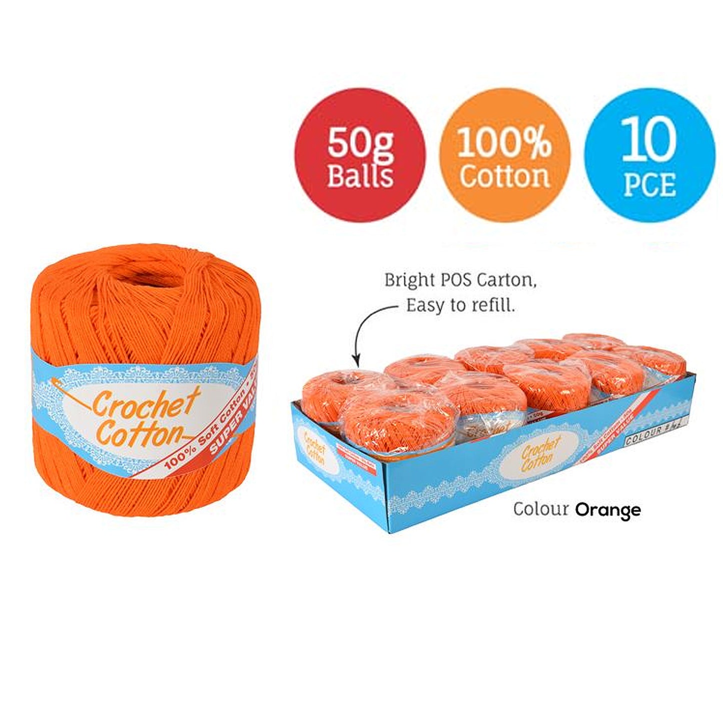 Cotton Crotchet 100% Boll Ball 50g Soft Bulk Coloured Size C Needle 3.25mm