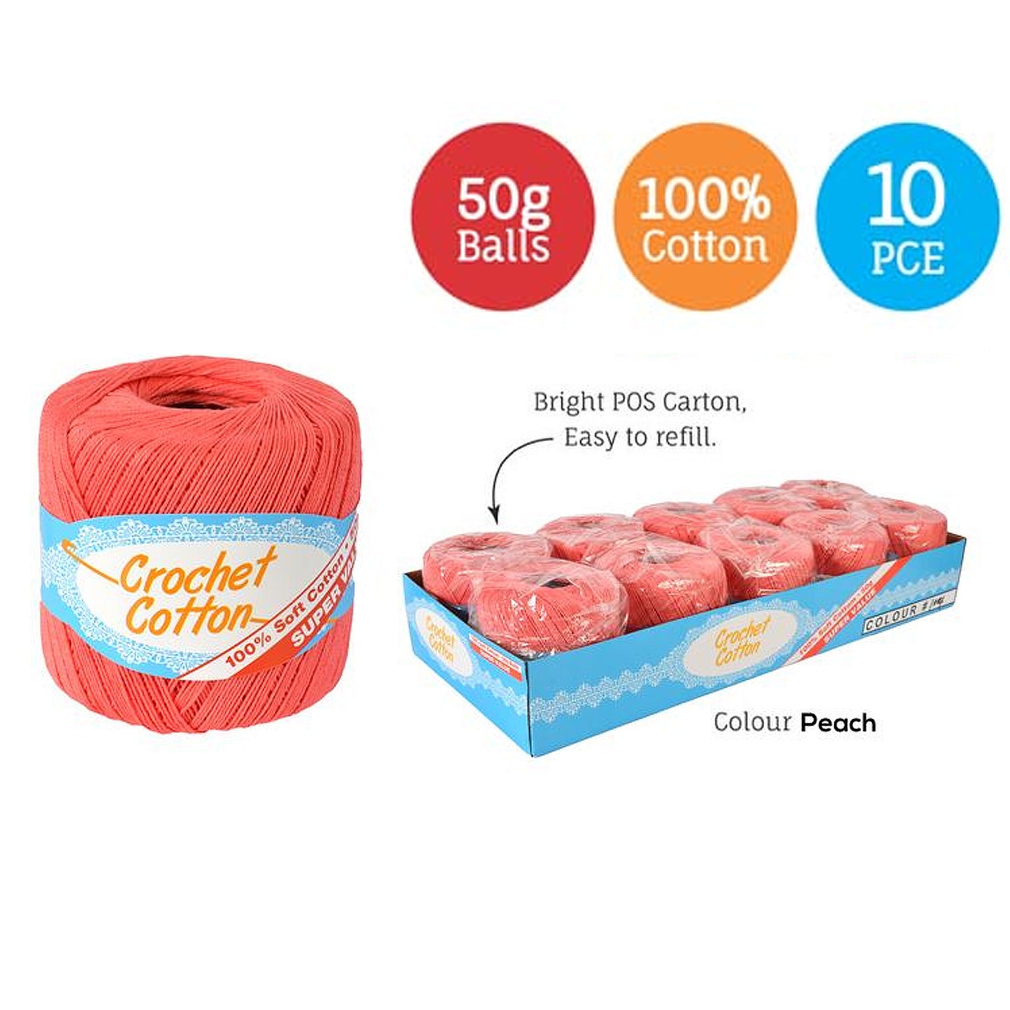 Cotton Crotchet 100% Boll Ball 50g Soft Bulk Coloured Size C Needle 3.25mm