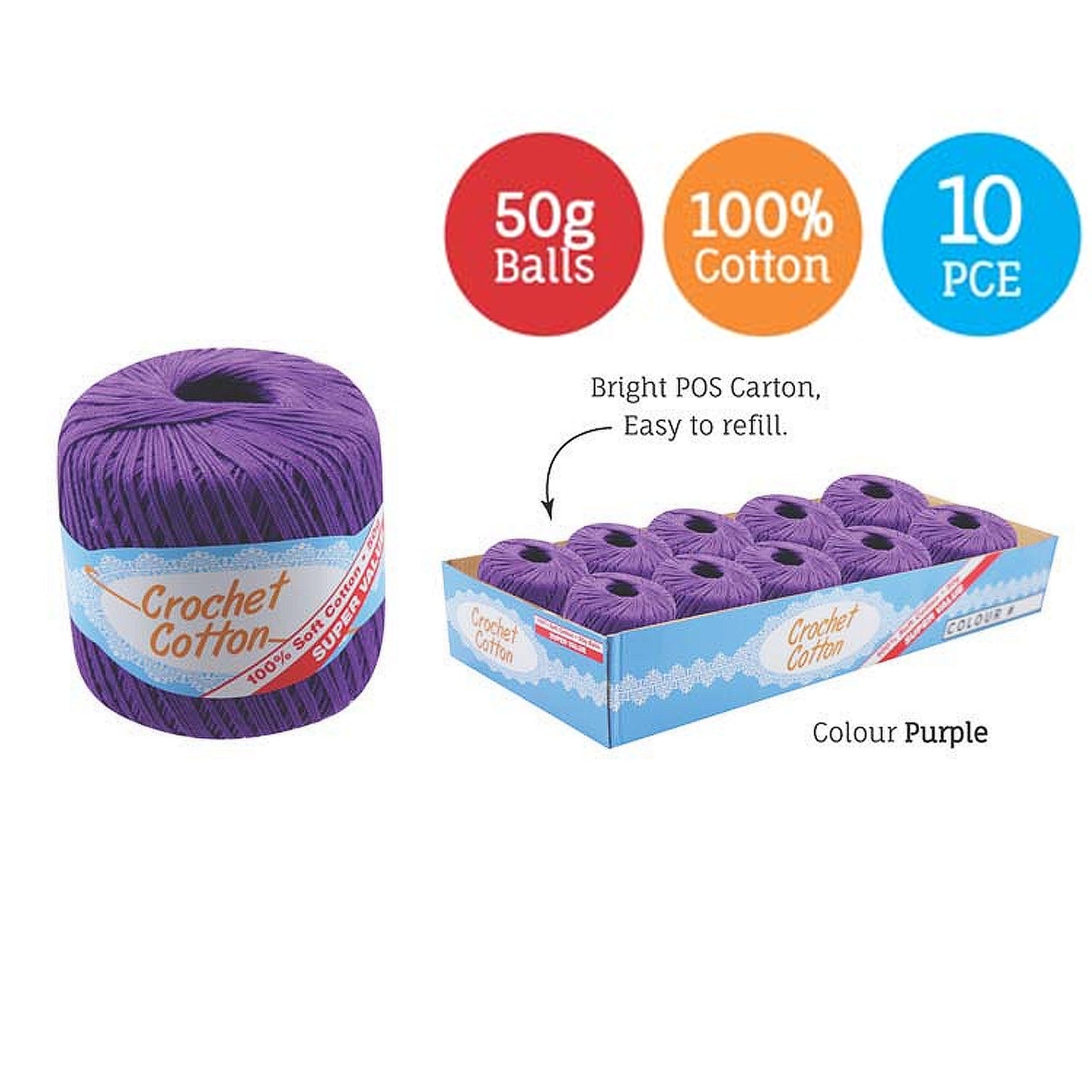 Cotton Crotchet 100% Boll Ball 50g Soft Bulk Coloured Size C Needle 3.25mm