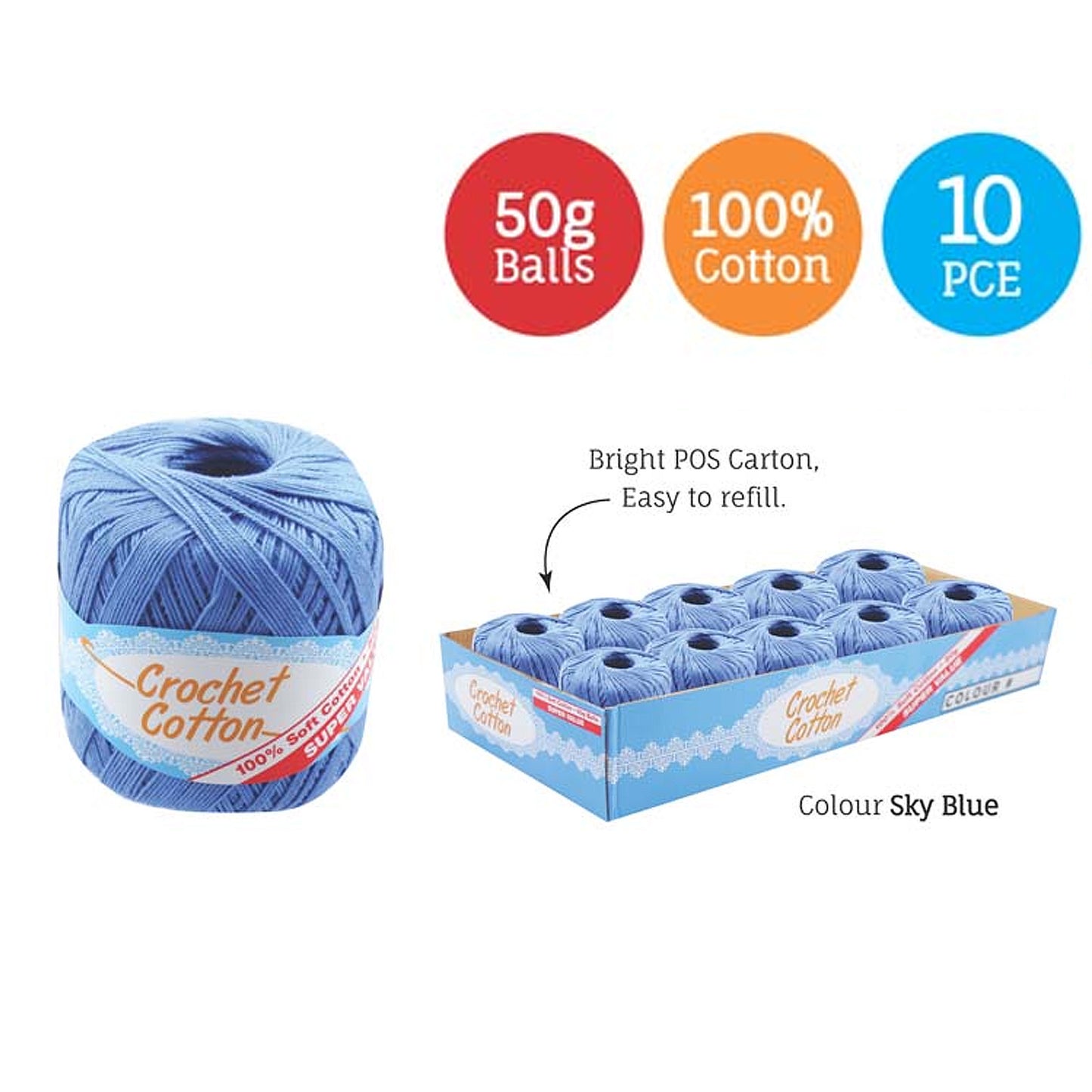 Cotton Crotchet 100% Boll Ball 50g Soft Bulk Coloured Size C Needle 3.25mm