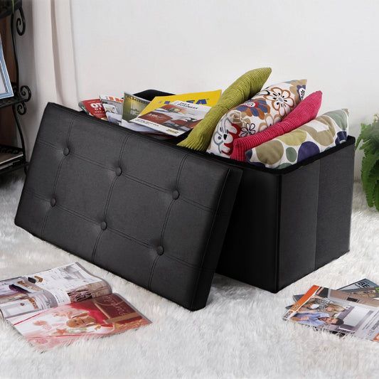 Folding Ottoman Storage Blanket Box Footstool Stool Cube Pouf Faux Leather Linen