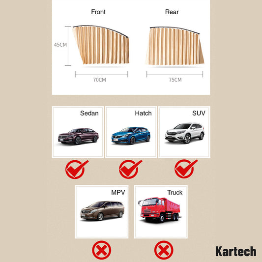 2x Kartech Car Window Curtains Retractable Sun Shades UV Protection Black Front