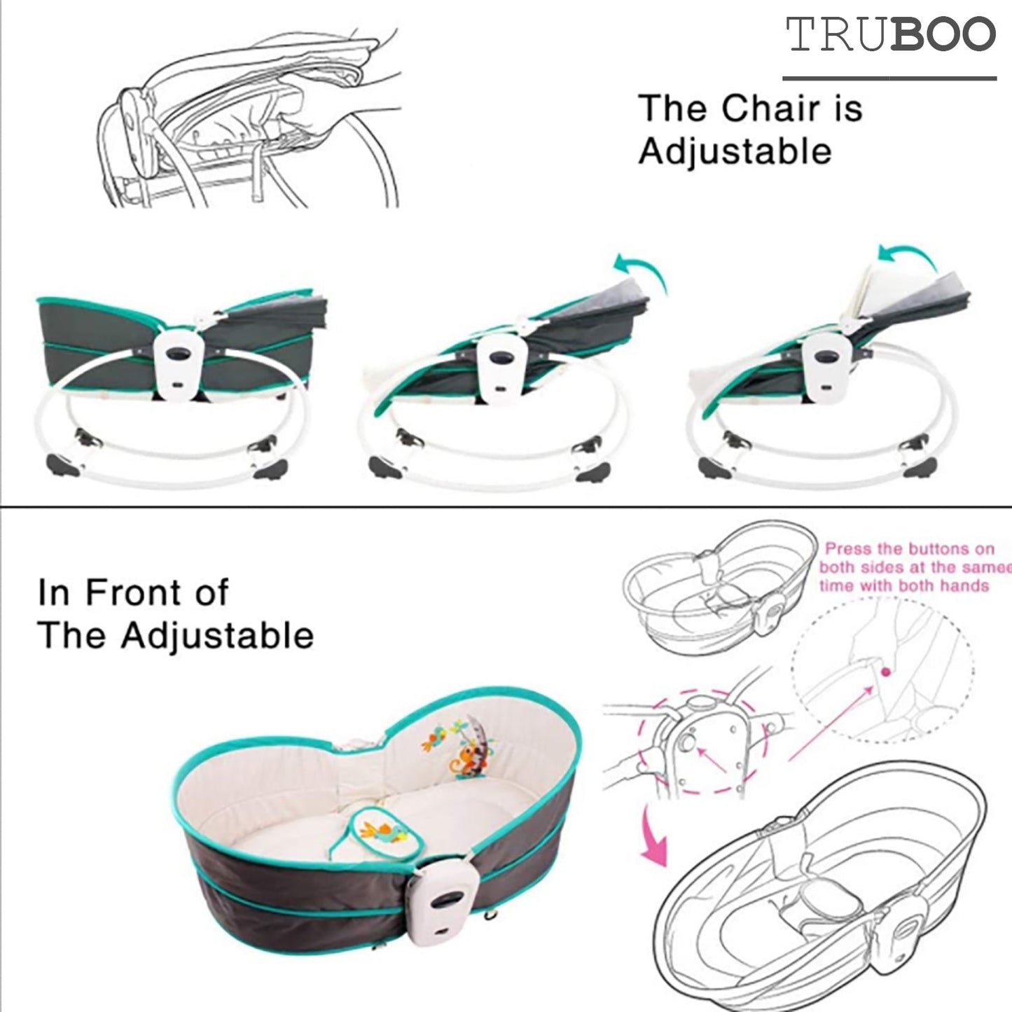 Truboo 5 In 1 Baby Rocker Infant Swing Chair Newborn Bouncer Bassinet Bed