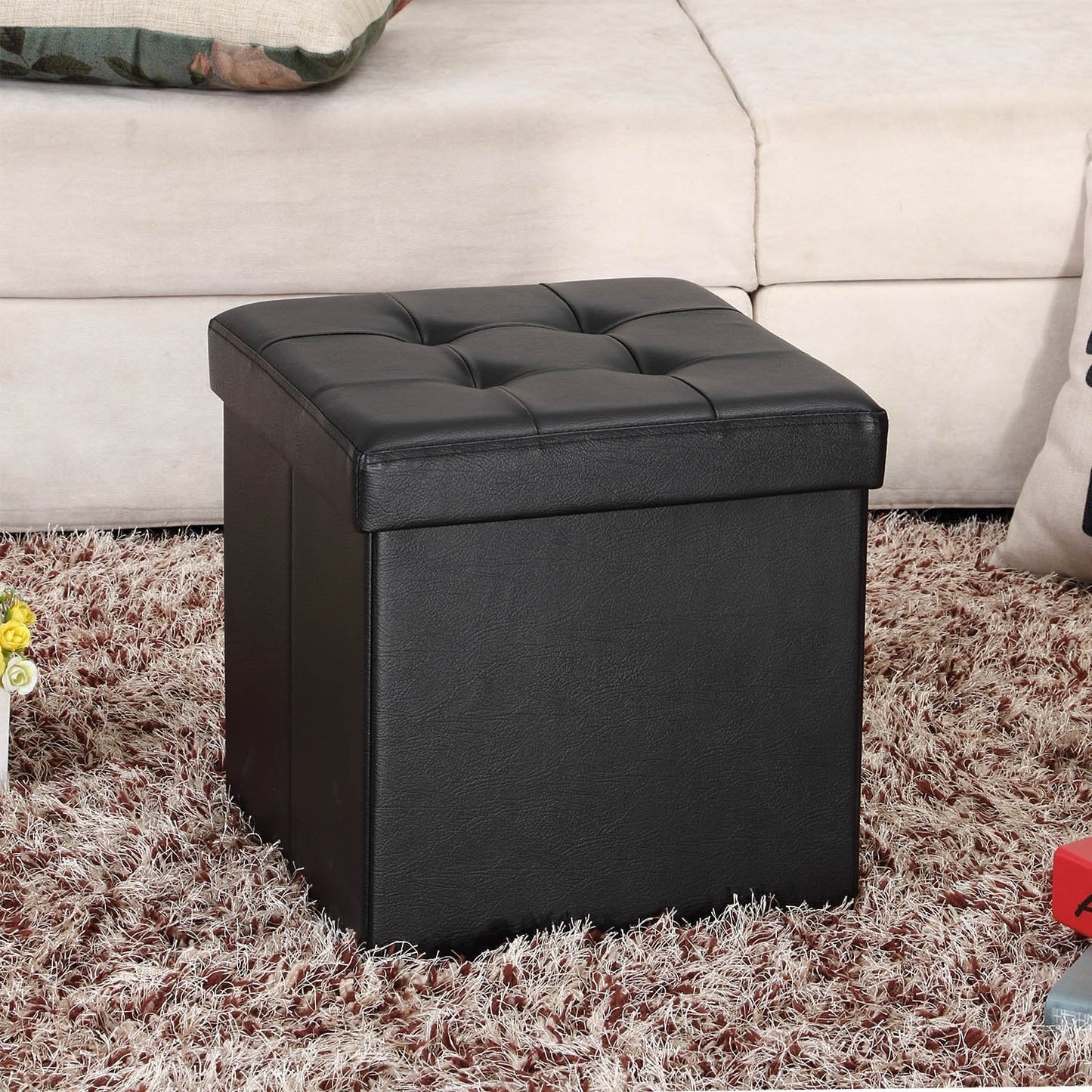 Folding Ottoman Storage Cube Footstool Stool Blanket Box Pouf Faux Leather Linen