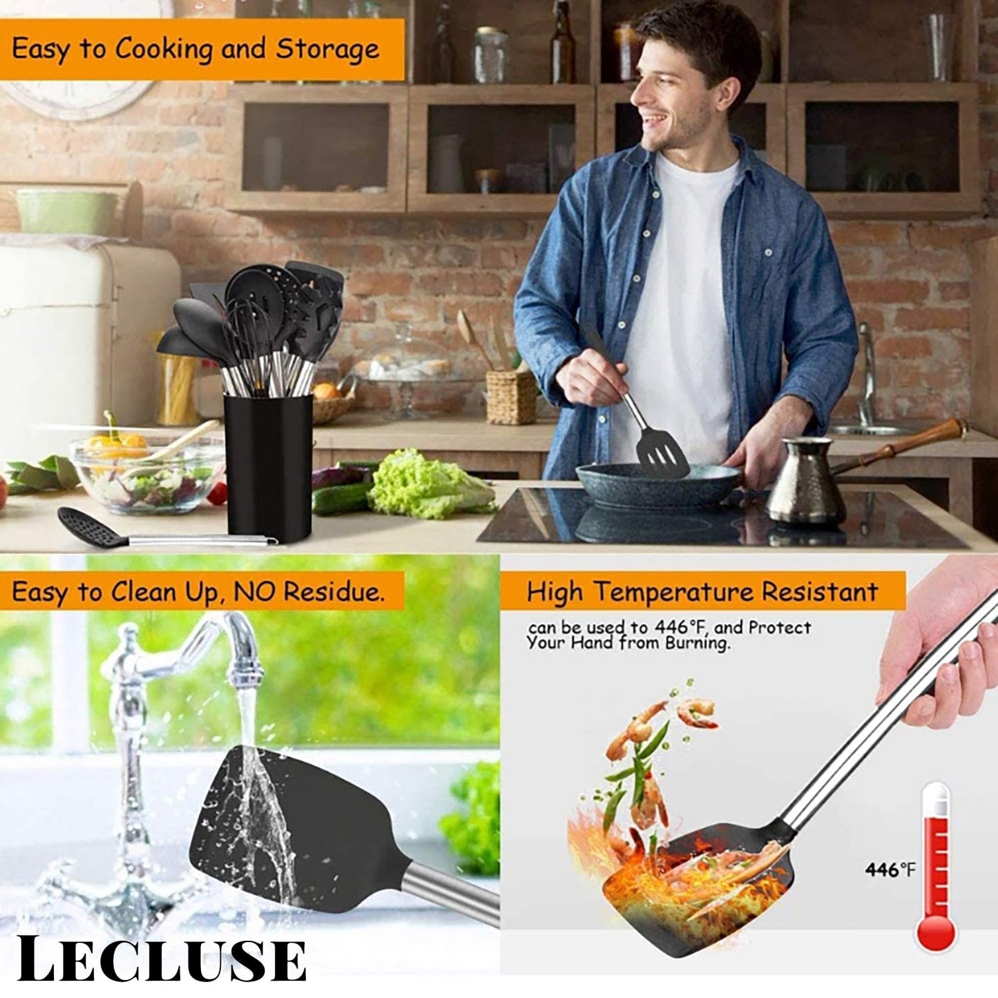 Lecluse Kitchen Utensil Set Silicone Non-Stick Cooking Stainless Steel 8Pcs