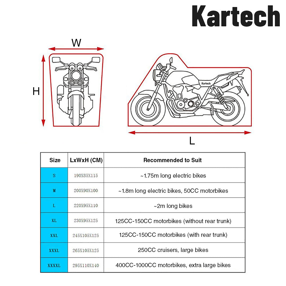 Kartech Motorcycle Cover Waterproof Scooter Outdoor Bike Motorbike Rain UV Dust