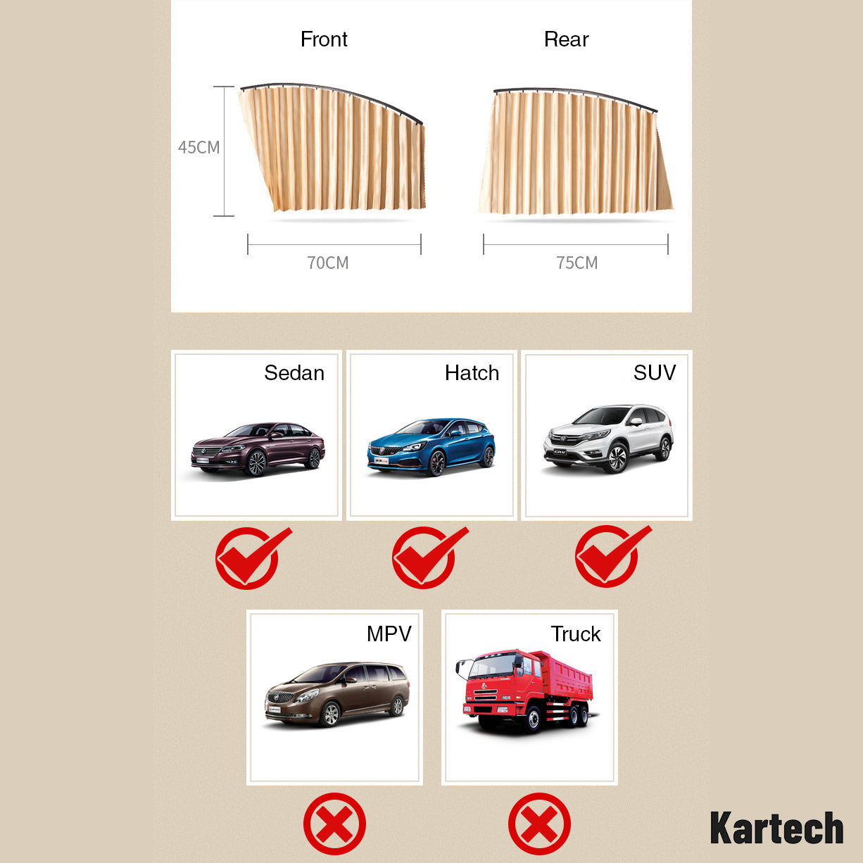 2x Kartech Car Window Curtains Retractable Sun Shades UV Protection Black Rear
