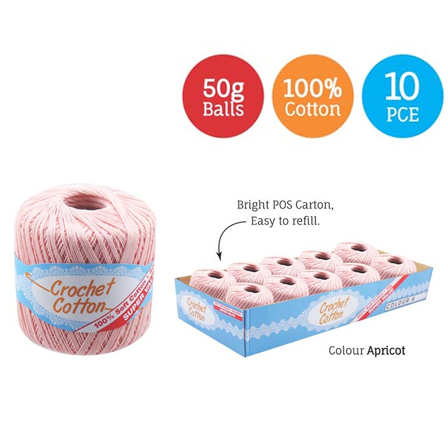 Cotton Crotchet 100% Boll Ball 50g Soft Bulk Coloured Size C Needle 3.25mm