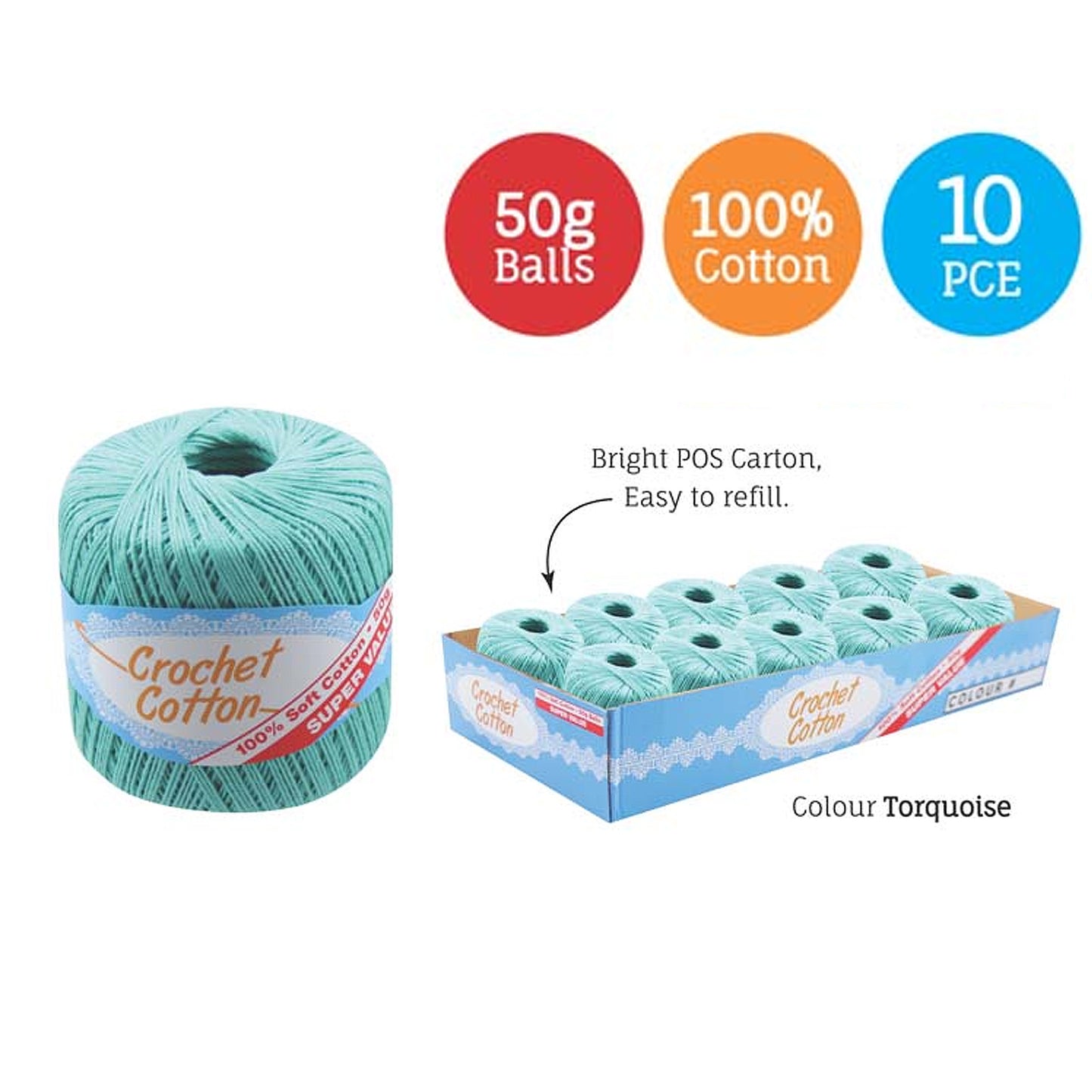 Cotton Crotchet 100% Boll Ball 50g Soft Bulk Coloured Size C Needle 3.25mm