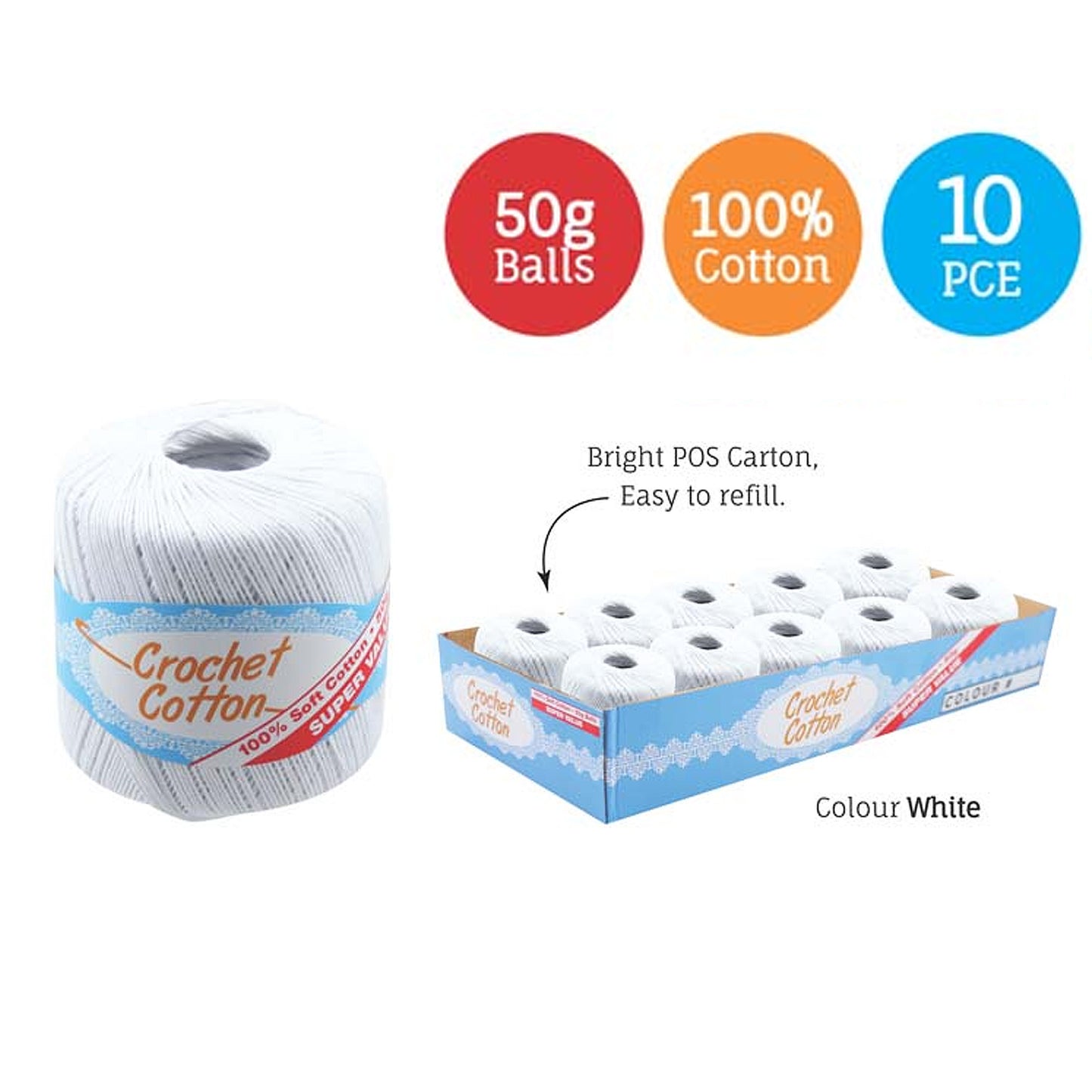 Cotton Crotchet 100% Boll Ball 50g Soft Bulk Coloured Size C Needle 3.25mm