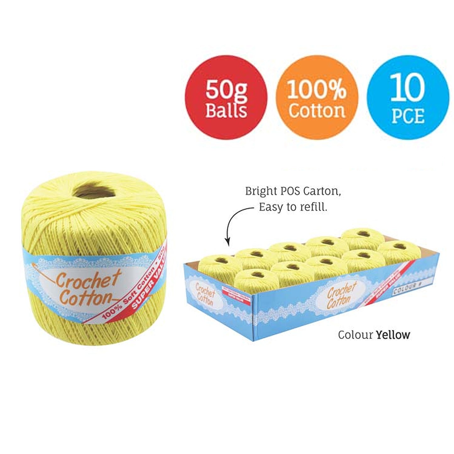 Cotton Crotchet 100% Boll Ball 50g Soft Bulk Coloured Size C Needle 3.25mm