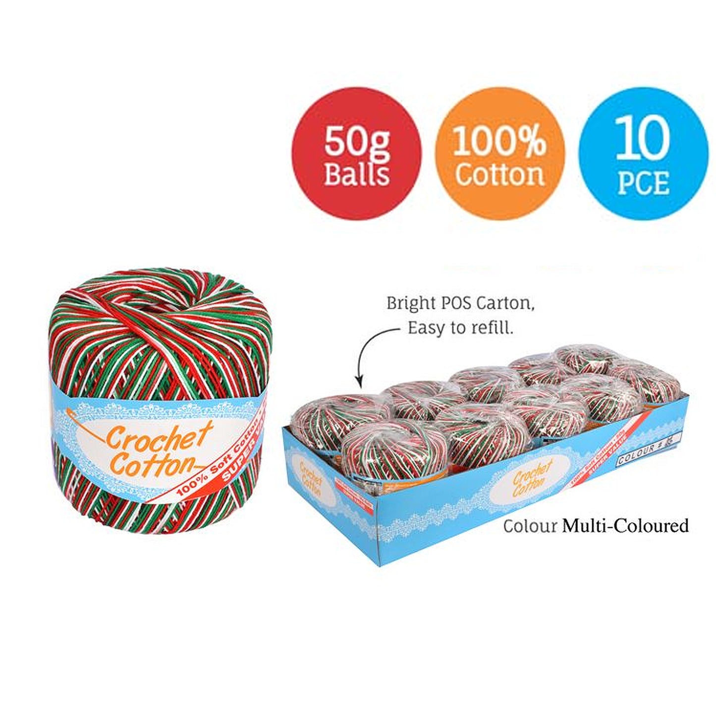 Cotton Crotchet 100% Boll Ball 50g Soft Bulk Coloured Size C Needle 3.25mm