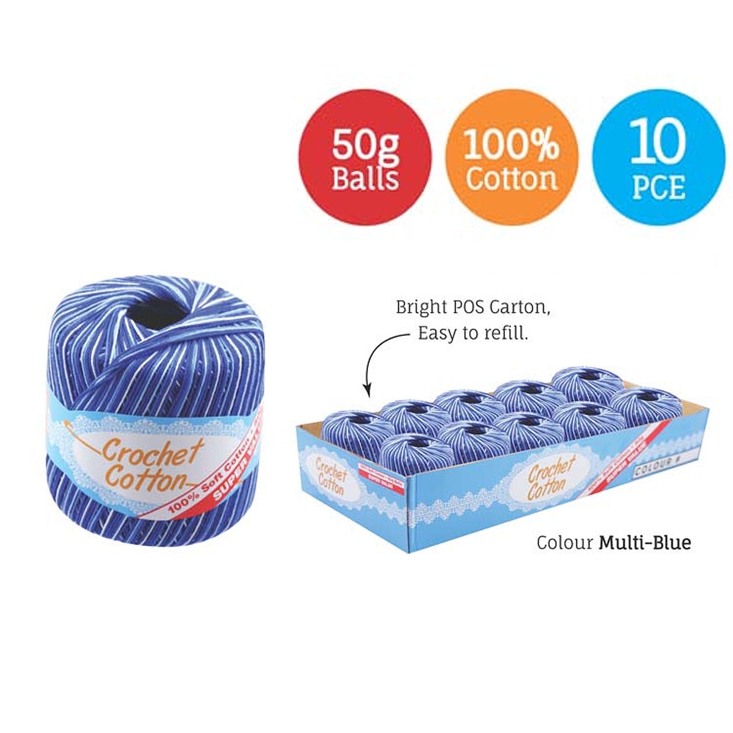Cotton Crotchet 100% Boll Ball 50g Soft Bulk Coloured Size C Needle 3.25mm