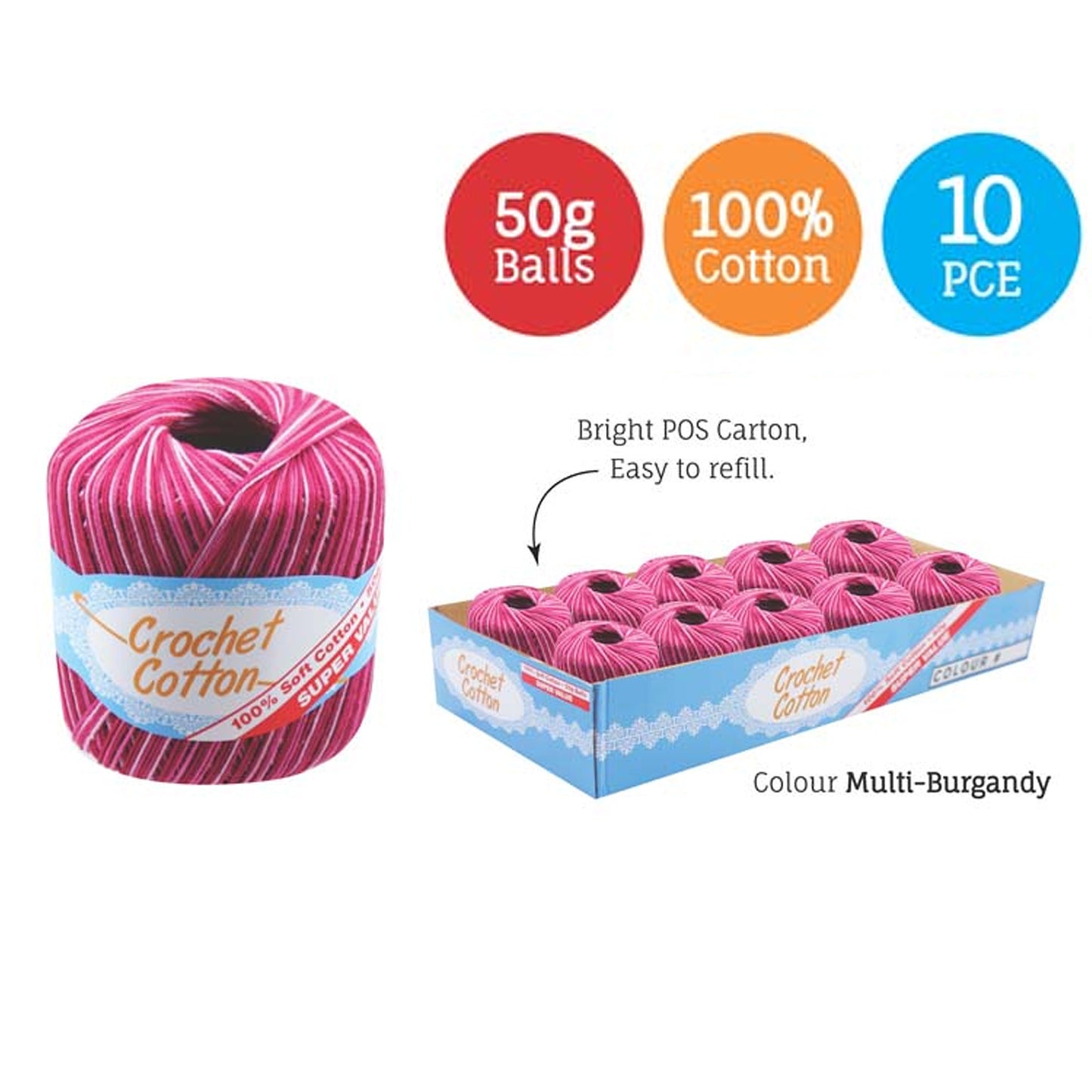 Cotton Crotchet 100% Boll Ball 50g Soft Bulk Coloured Size C Needle 3.25mm