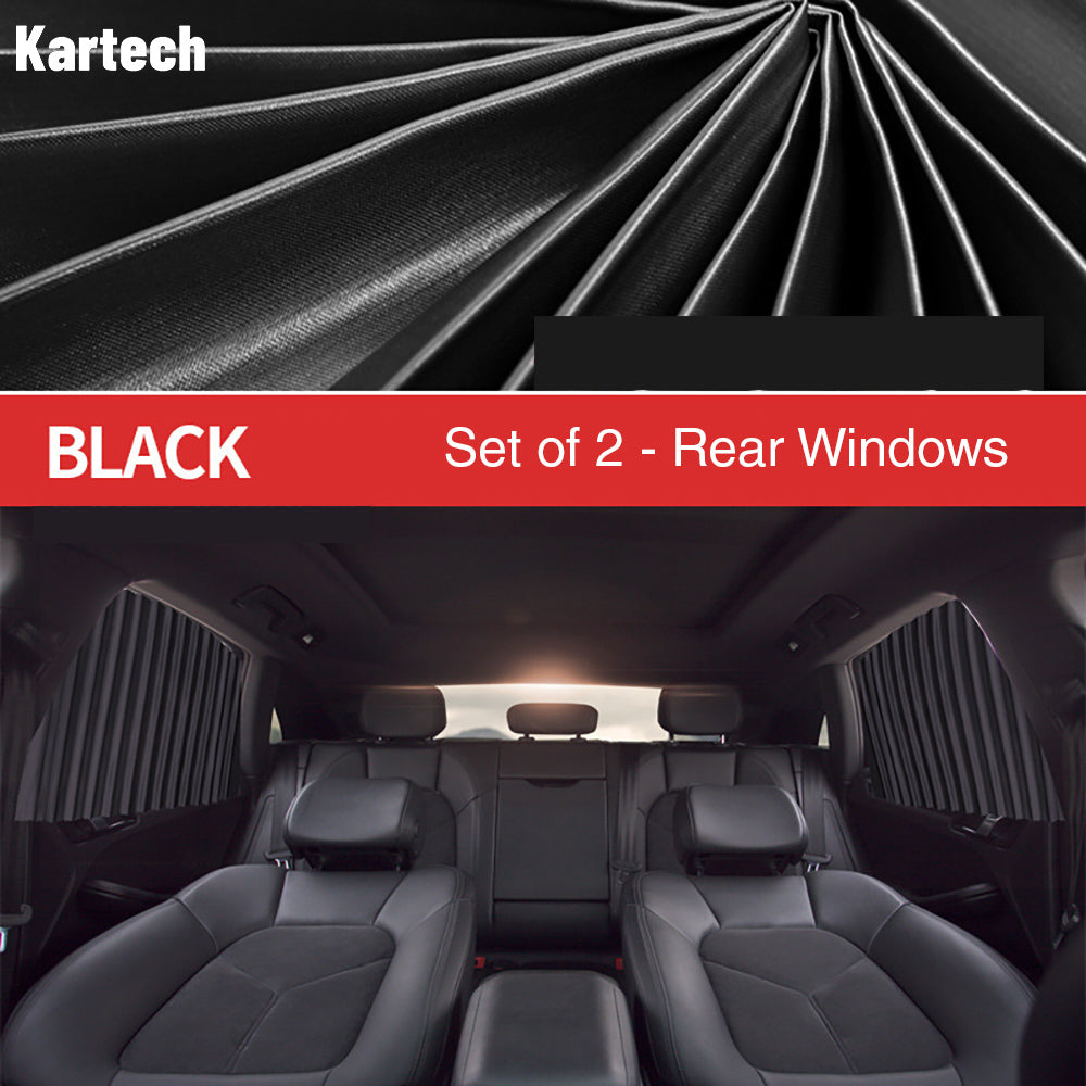 2x Kartech Car Window Curtains Retractable Sun Shades UV Protection Black Rear