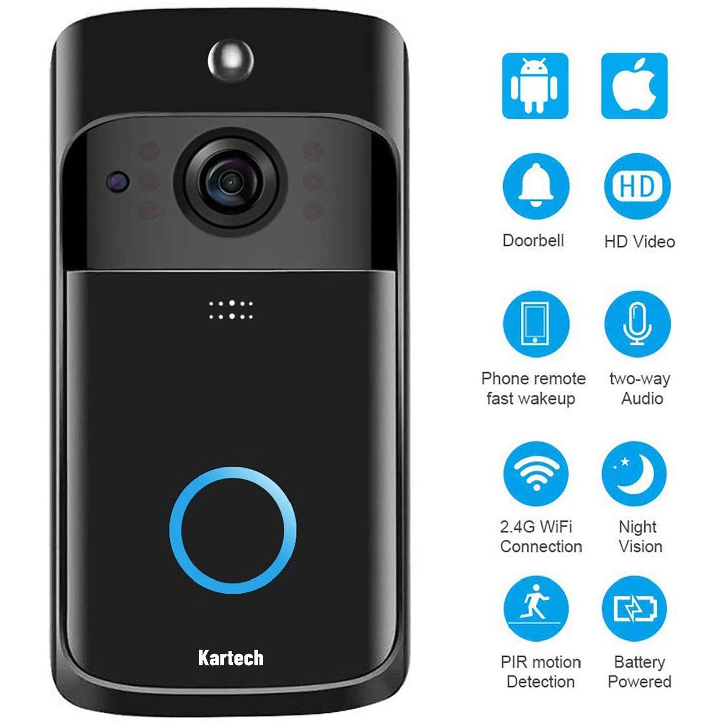 Kartech Wireless Door Bell Camera Smart Intercom Wifi Video Monitor Waterproof