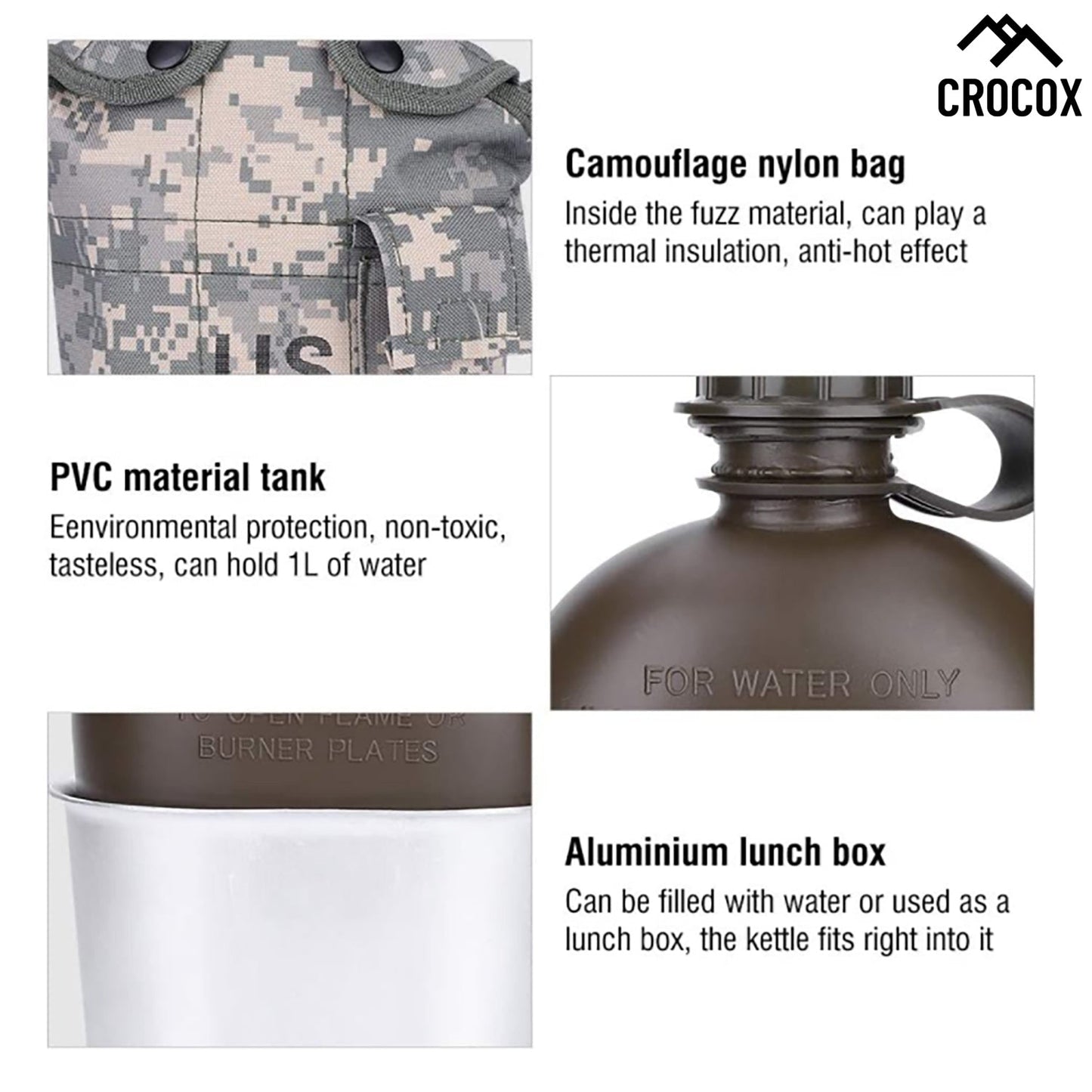 Crocox Military Canteen Outdoor Water Bottle Camping Hiking Aluminum Cup Set