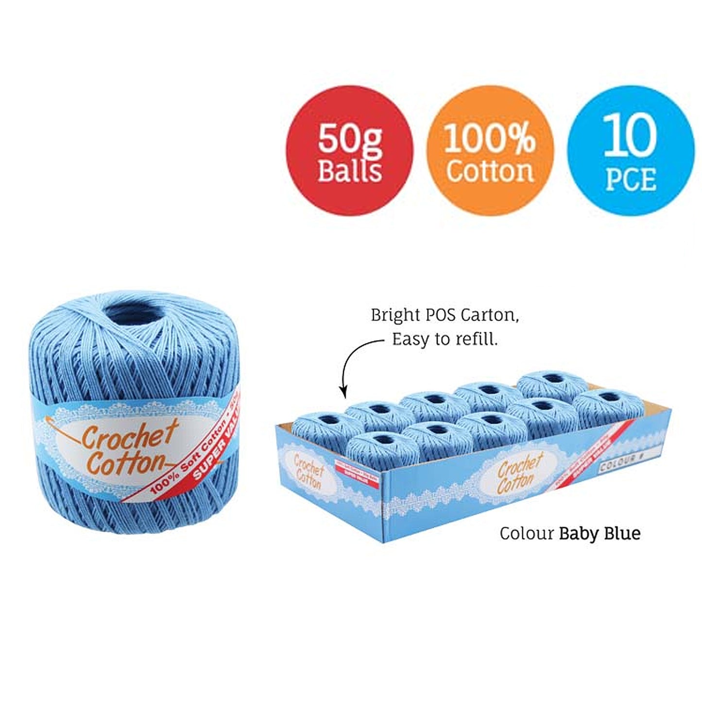 Cotton Crotchet 100% Boll Ball 50g Soft Bulk Coloured Size C Needle 3.25mm