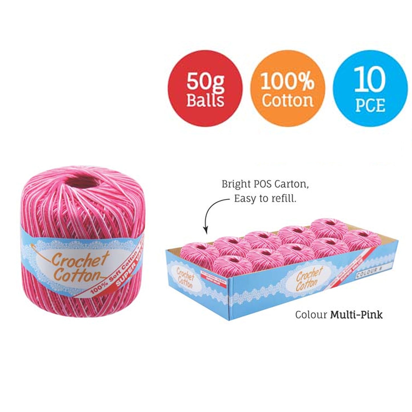 Cotton Crotchet 100% Boll Ball 50g Soft Bulk Coloured Size C Needle 3.25mm