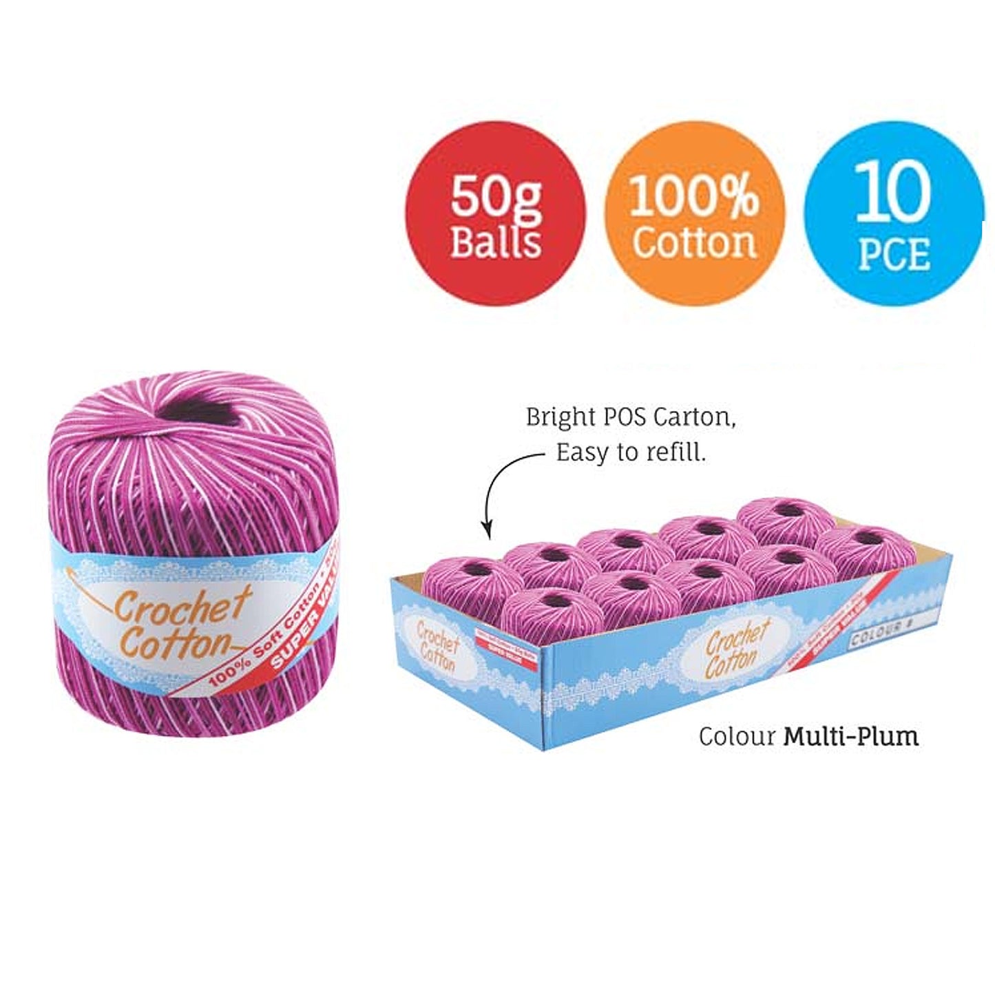 Cotton Crotchet 100% Boll Ball 50g Soft Bulk Coloured Size C Needle 3.25mm