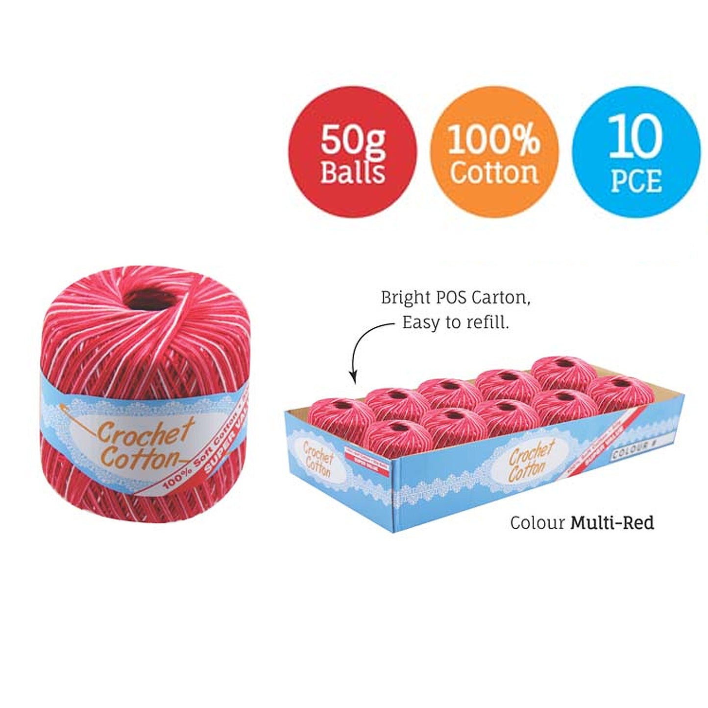 Cotton Crotchet 100% Boll Ball 50g Soft Bulk Coloured Size C Needle 3.25mm
